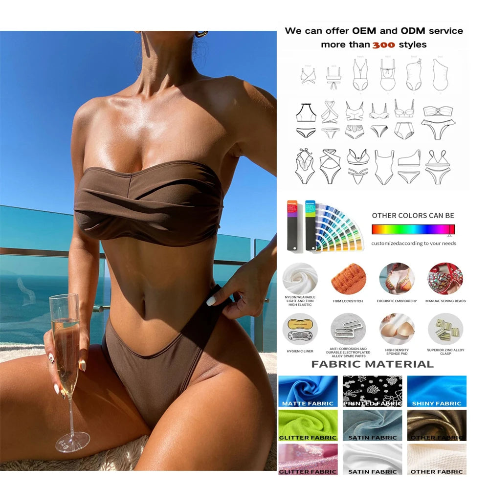 2025 Custom Retro Woman Bandage Bikini Set Luxury Swimsuit with Crystal Beading New Design Bandeau Swimwear for Women