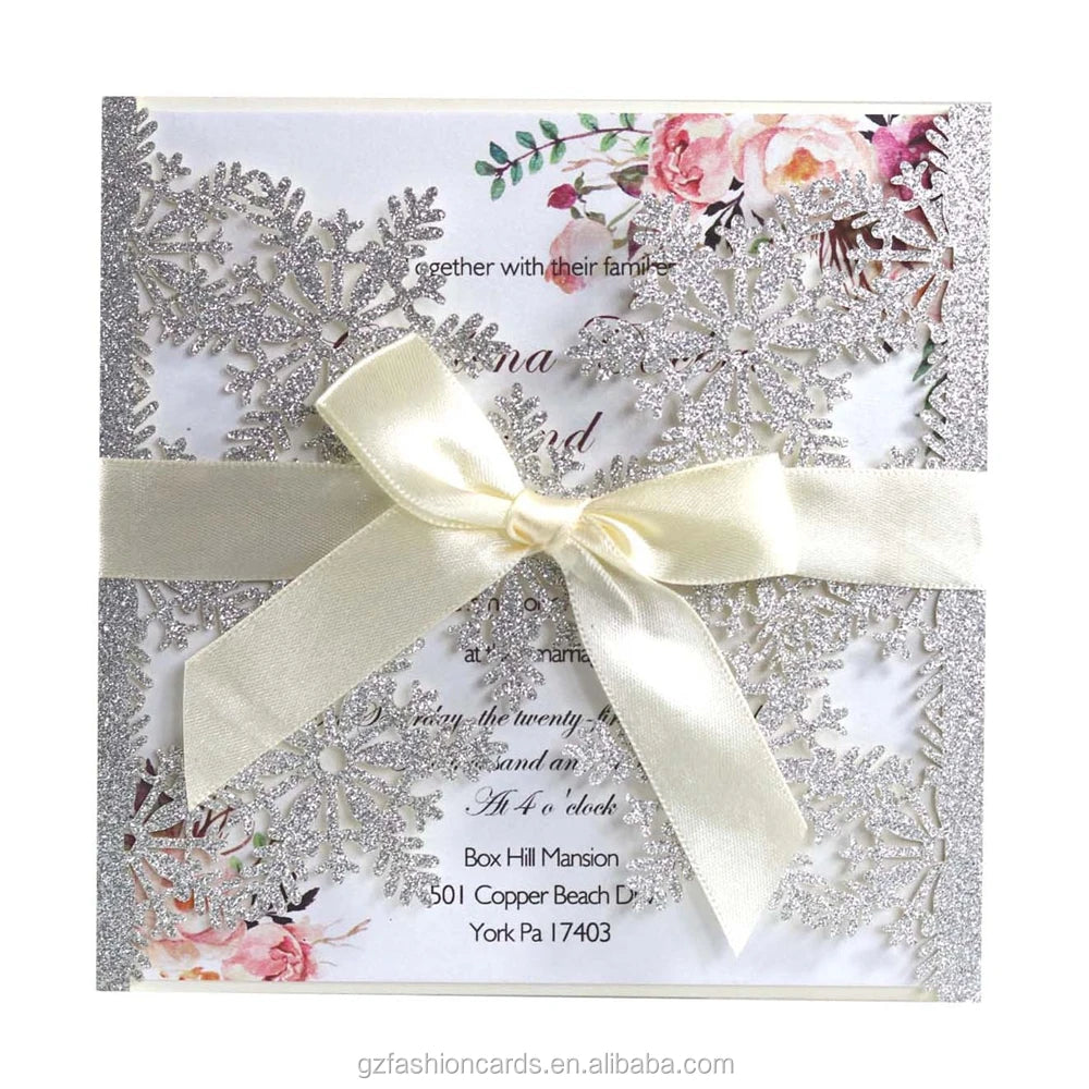 Square Laser Snowflake Glitter Invitation Card Pattern Wholesale Custom Laser Cut Greeting Cards