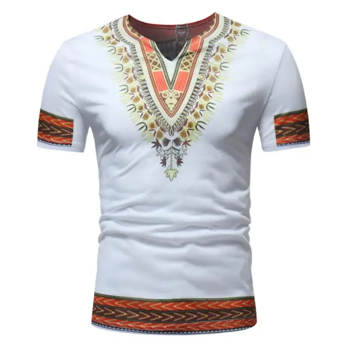 Wholesale Men's Summer Clothing Large Size African Ethnic Style Printed Short Sleeved V-neck T-shirts