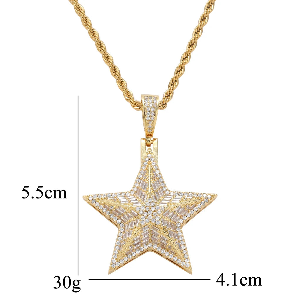 CN448 Brass Cubic Zircon Star Shape Pendants Men and Women Hip Hop Necklace