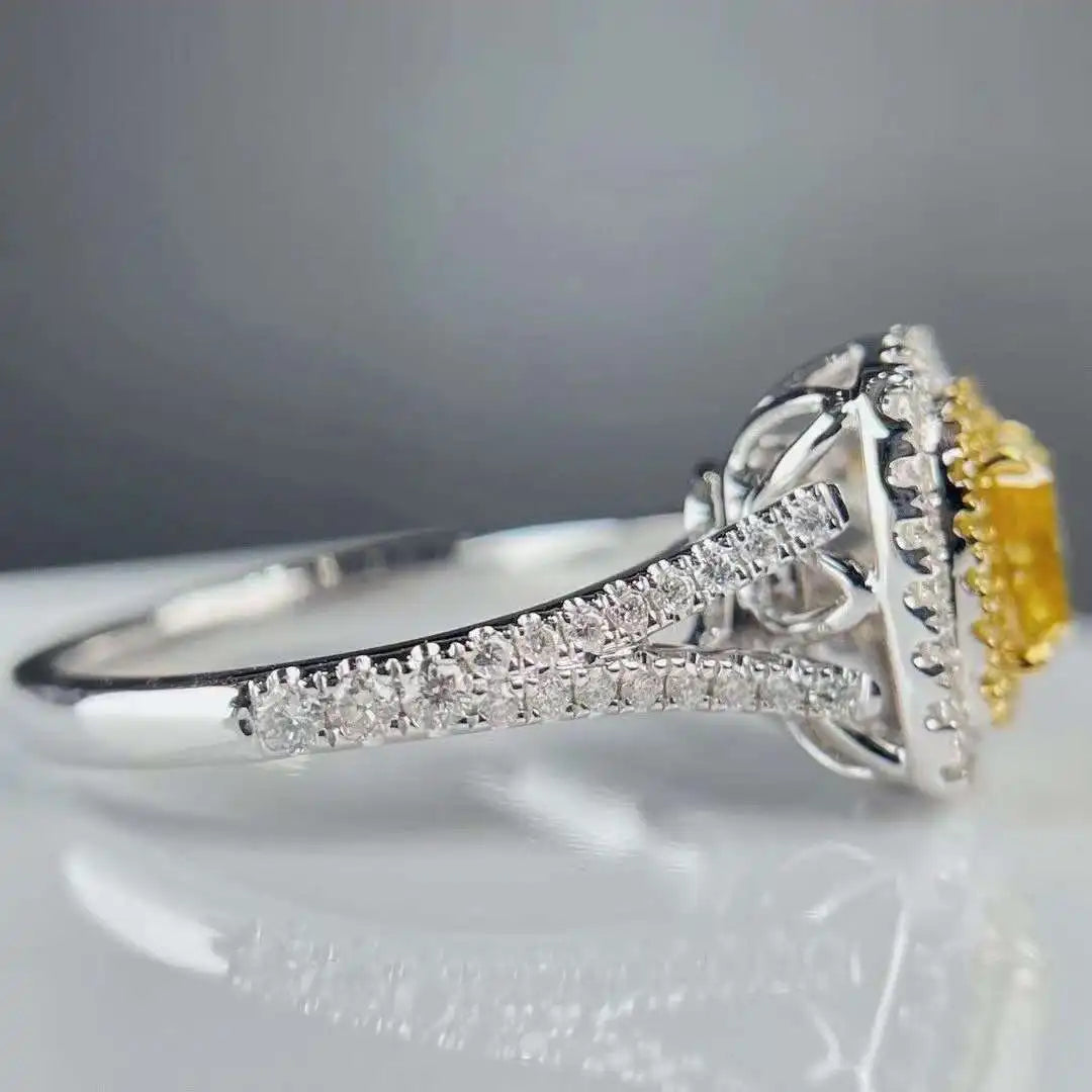 SGARIT Fine Jewelry 18k Yellow Gold 1CT Fancy Yellow Natural Diamond Ring Cushin Cut Diamond for Women Wedding Ring