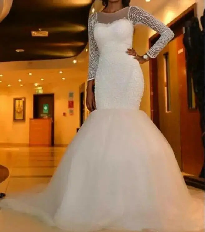 2023 Custom Made Luxury Full Beaded Mermaid Wedding Dresses South African Pearls Slim Fish Tail Long Sleeve Bridal Gowns