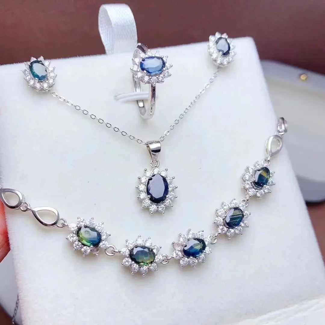 Hot Sale Indian 925 Sterling Silver Natural Sapphire Women Necklace Wedding Engagement Jewelry Set Wholesale