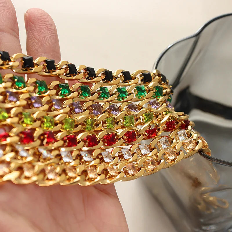 Stainless Steel Zircon Link Chain Bracelet Necklace Jewelry Set Multicolor Gold Plated Women Jewelry Set