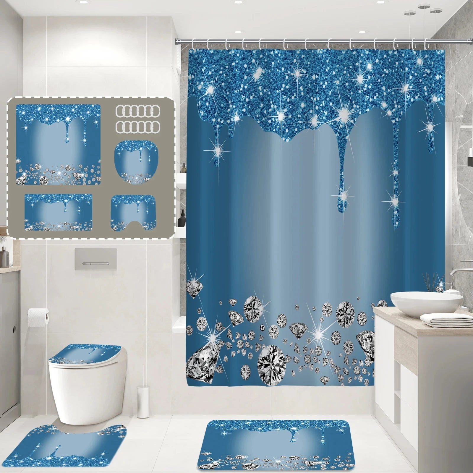 Luxury Sparkling Diamond Shower Curtain Set With Carpet and Toilet Seat