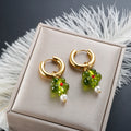 Stainless Steel Earrings 18K Gold Plated Fashion Jewelry Huggie Earring Green Flower Pendant Pearl Hoop Earrings for Women