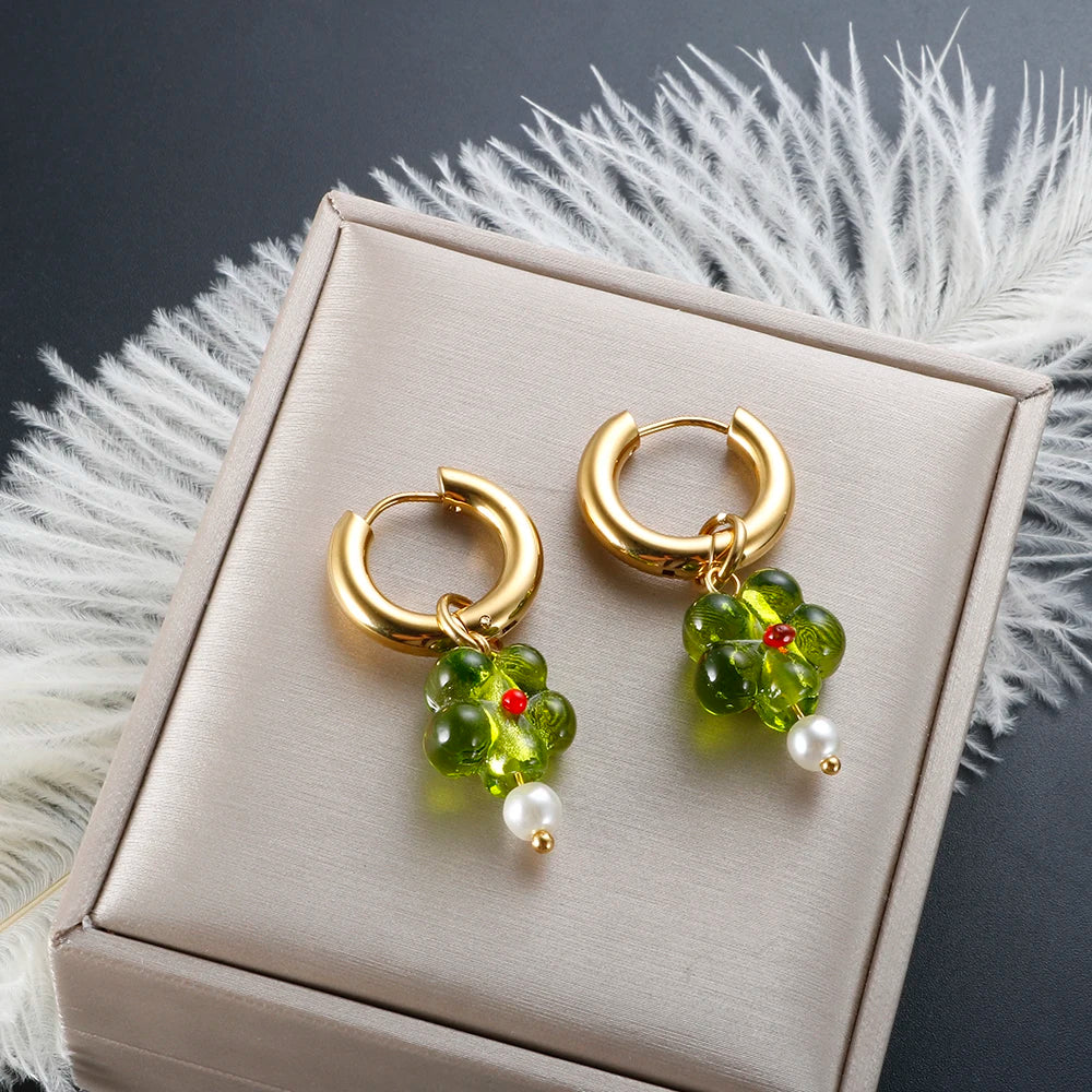 Stainless Steel Earrings 18K Gold Plated Fashion Jewelry Huggie Earring Green Flower Pendant Pearl Hoop Earrings for Women