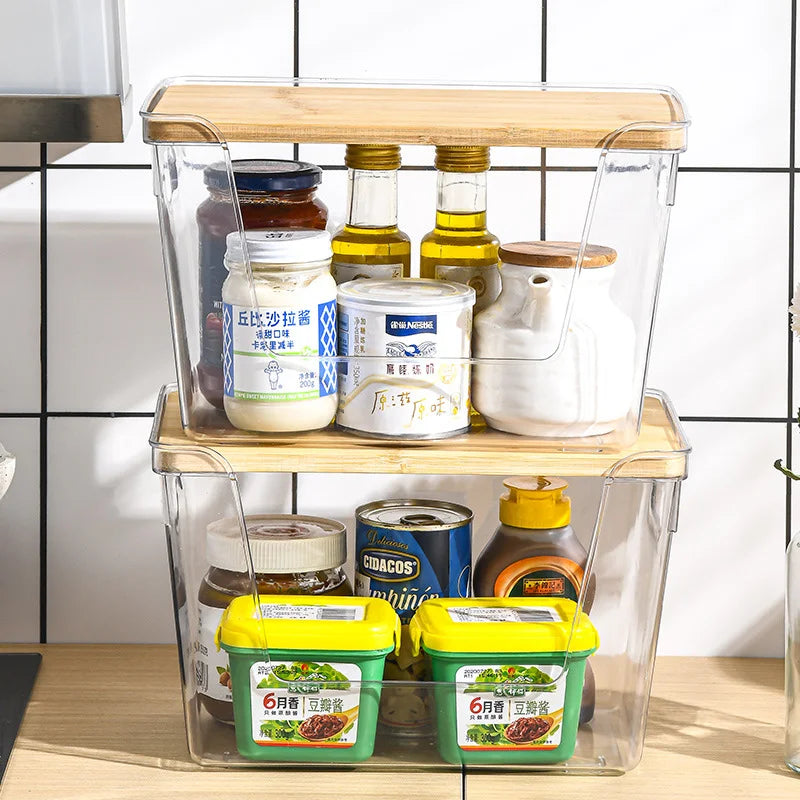 OWNSWING 2Pack Clear Storage Bins with Bamboo Lid for Kitchen Stackable Pantry Organizer with Handle Kitchen Laundry Storage Box