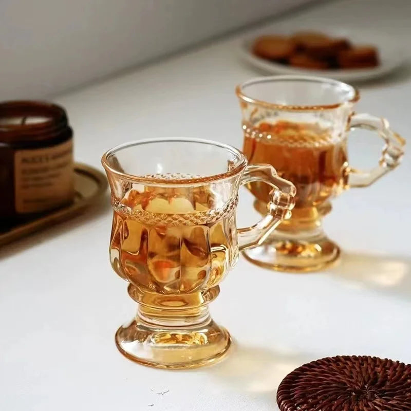 Vintage Court-inspired Embossed with Handle Amber Coffee Breakfast Milk Glass Cup