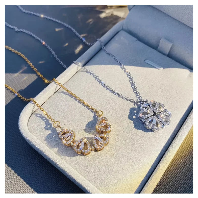 New Arrival Stainless Steel Zircon Heart 4 Leaf Clover Magnetic Pendant Clavicle Chain Necklace Best Friend Necklaces