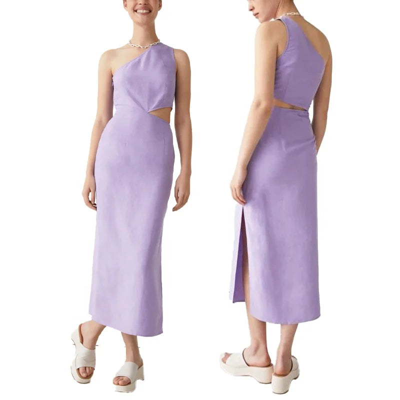 MANNI Rayon Dresses Color Dress One Shoulder Sleeveless Linen Cut Out Midi Lilac Purple Women Summer Casual Dresses OEM Service