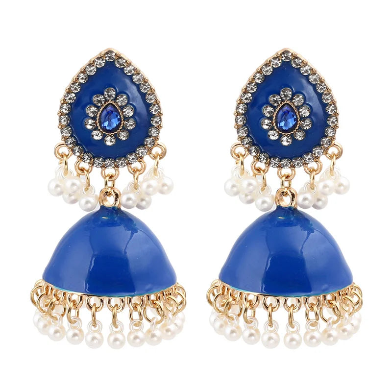 Retro Exotic Pearl Tassel Jewelry Traditional Jhumka Jhumki India Style Middle East Enamel Dangling Earrings for Women