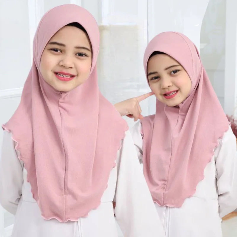 Malaysia Girl's Kids  Hijab 1 Piece Amira Easy Pull-on Summer Head Scarf Shinny Instant Muslim Bonnet Prayer Scarf Wrap