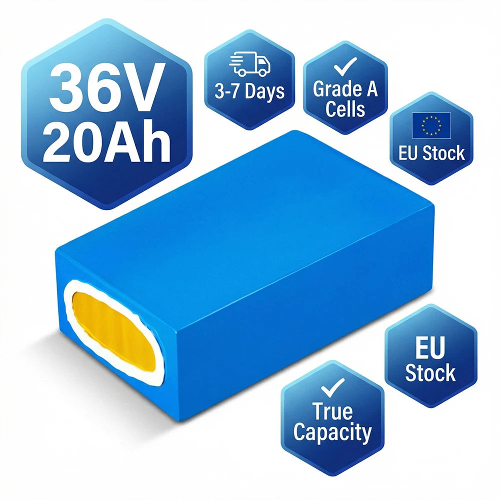 DE Stock 36V20Ah Blue PVC Lithium Battery for E-Bikes Scooters 2600mAh 10s8p Cells & 20A BMS with 3A Big Warhead Plug