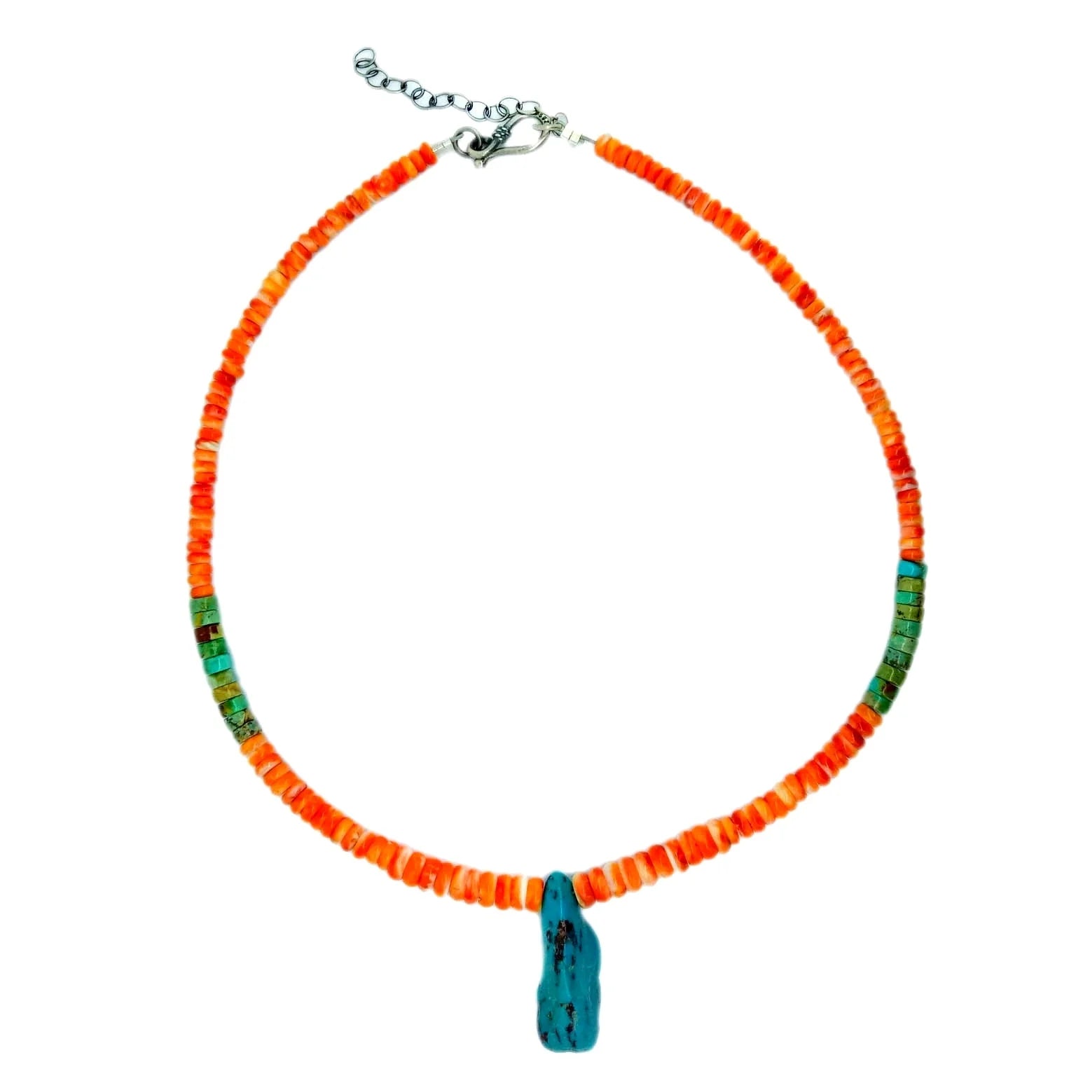 925 Sterling Silver Southwestern Style Strand Natural Turquoise and spiny Necklace with Traditional