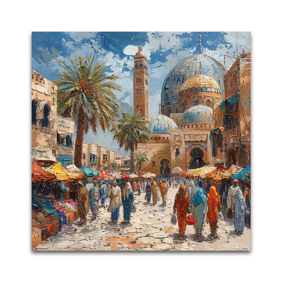 Custom Modern Oil Paintings Hand-painted Brush Strokes Town Street Market Arabic Architecture Canvas Art Prints for Art Projects