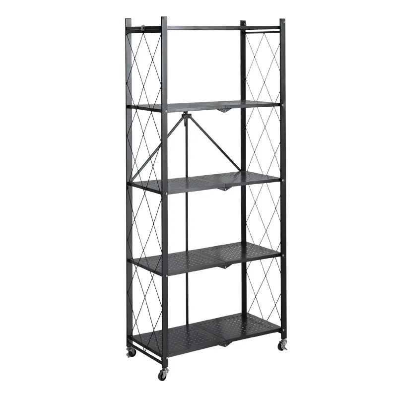 Multifunctional 2/3/4/5 Tier Folding Storage Shelves with Wheels Metal Rack Kitchen & Bathroom Organizer Shelf for Living Room