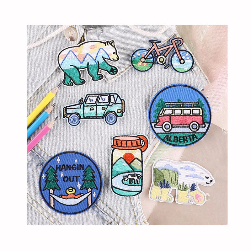 Embroidered Hot Melt Adhesive Iron on Camping Landscape Pattern Patch for Clothing Jeans Hat Backpack Decoration Garment Patches