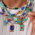 Natural Stone Beads Stainless Steel Enamel Tarot Pendant Necklace Agate Healing Stone Handmade Necklace
