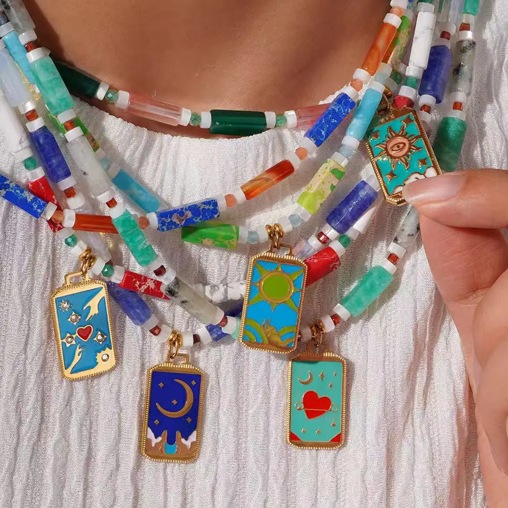 Natural Stone Beads Stainless Steel Enamel Tarot Pendant Necklace Agate Healing Stone Handmade Necklace
