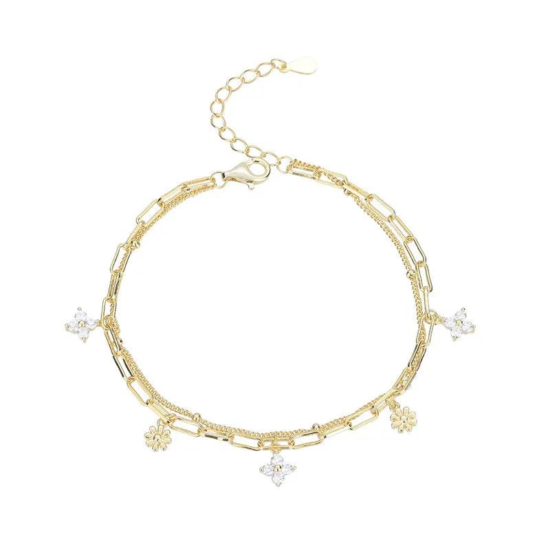 925 Sterling Silver Gold Plated Women's Vintage Charm Bracelet for Gift or Party Fashion Jewelry with Zircon