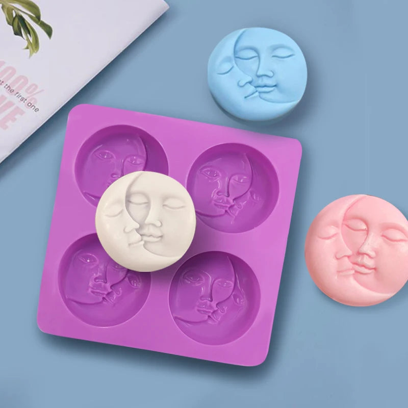 4-hole Silicone Soap Molds Sun & Moon Face Soap Molds for Soap Making Hand Made Molds for Homemade DIY Resin Making
