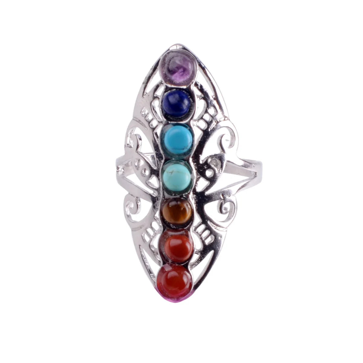 Healing Hollow Stone Adjustable 7 Chakra Ring Aura Gemstone Ring Rainbow Color Chakra Healing Style Female Ring