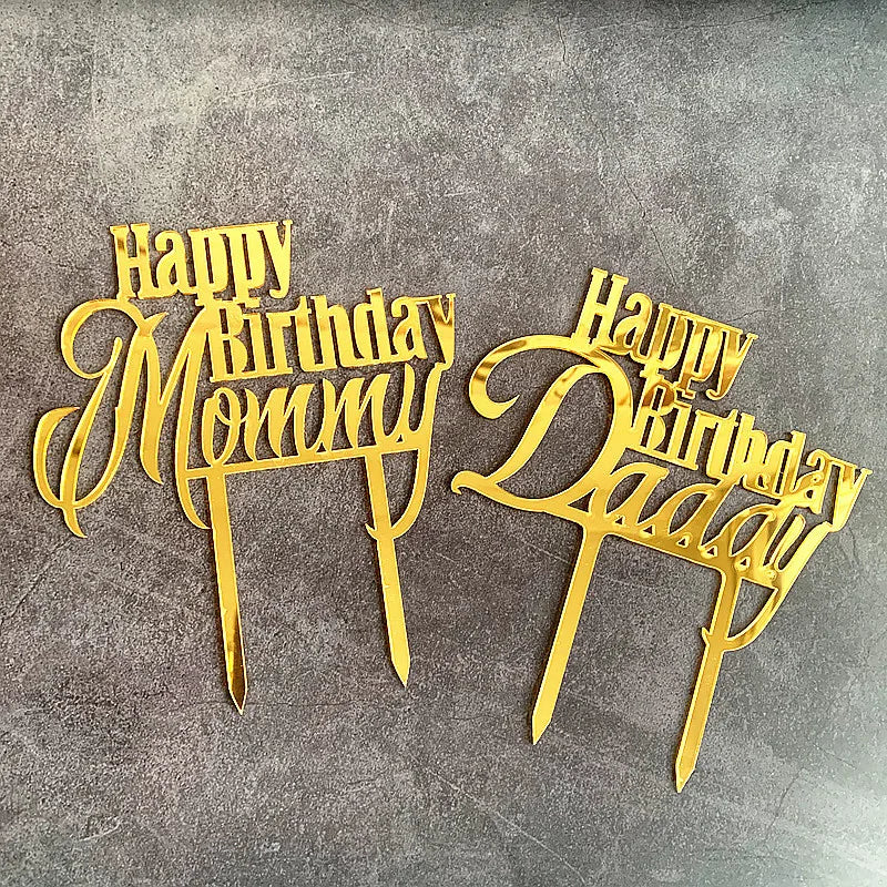 Hot Selling Gold Square Happy Birthday Mommy and Daddy English Letters Acrylic Cake Topper Mother's Day Decoration