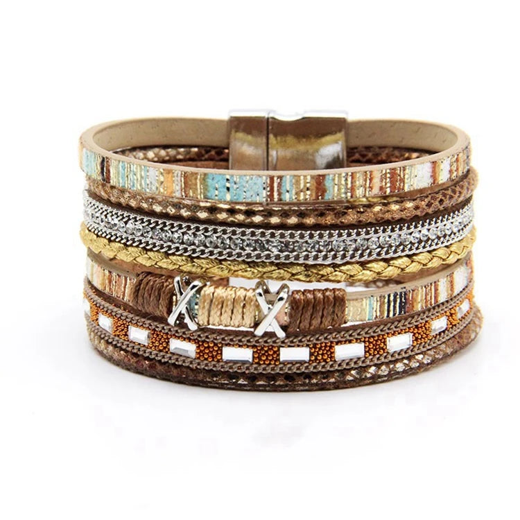 Boho Ethnic Magnetic Buckle Clasp Handmade Braided PU Leather Wrap Bracelet Jewelry for Women
