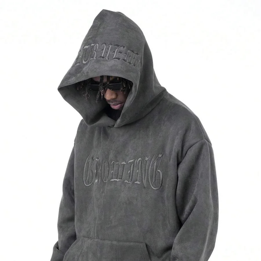 Men's Heavyweight Acid Wash Grey Hoodie With Embroidered Logo Puff Technics Denim Fleece Fabric Zipper Design Winter Crop Length