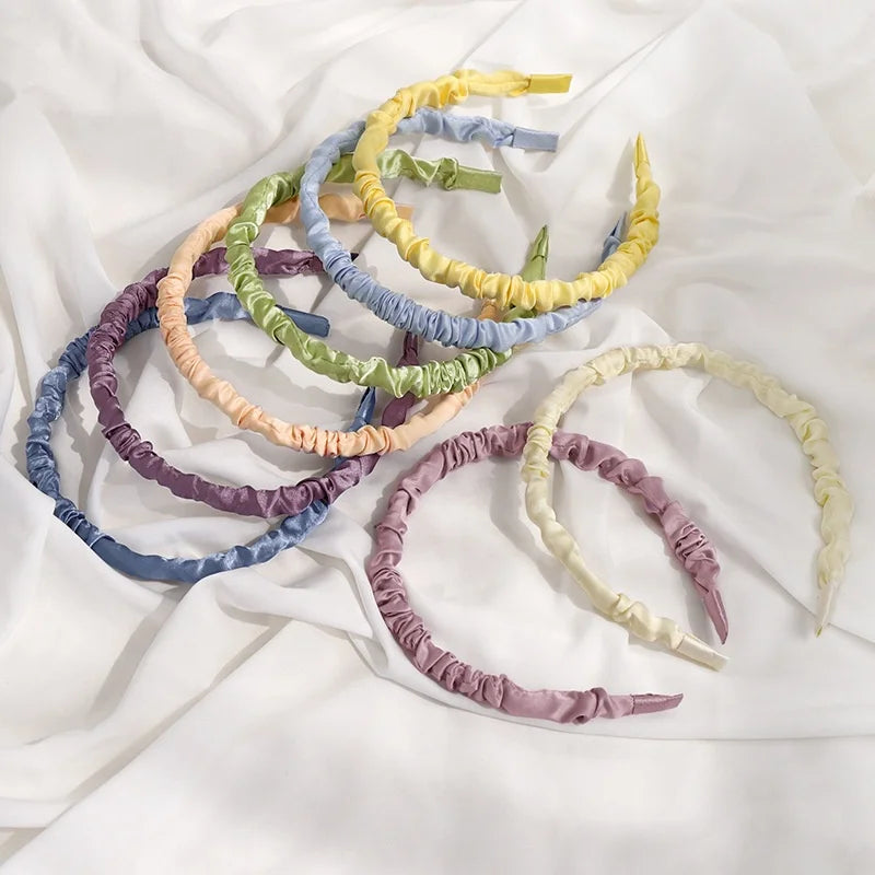 Korea Trending New Design Fashion Hair Accessories Head Bands Thin Solid Color Wrinkly Satin Headband Hair Accessories