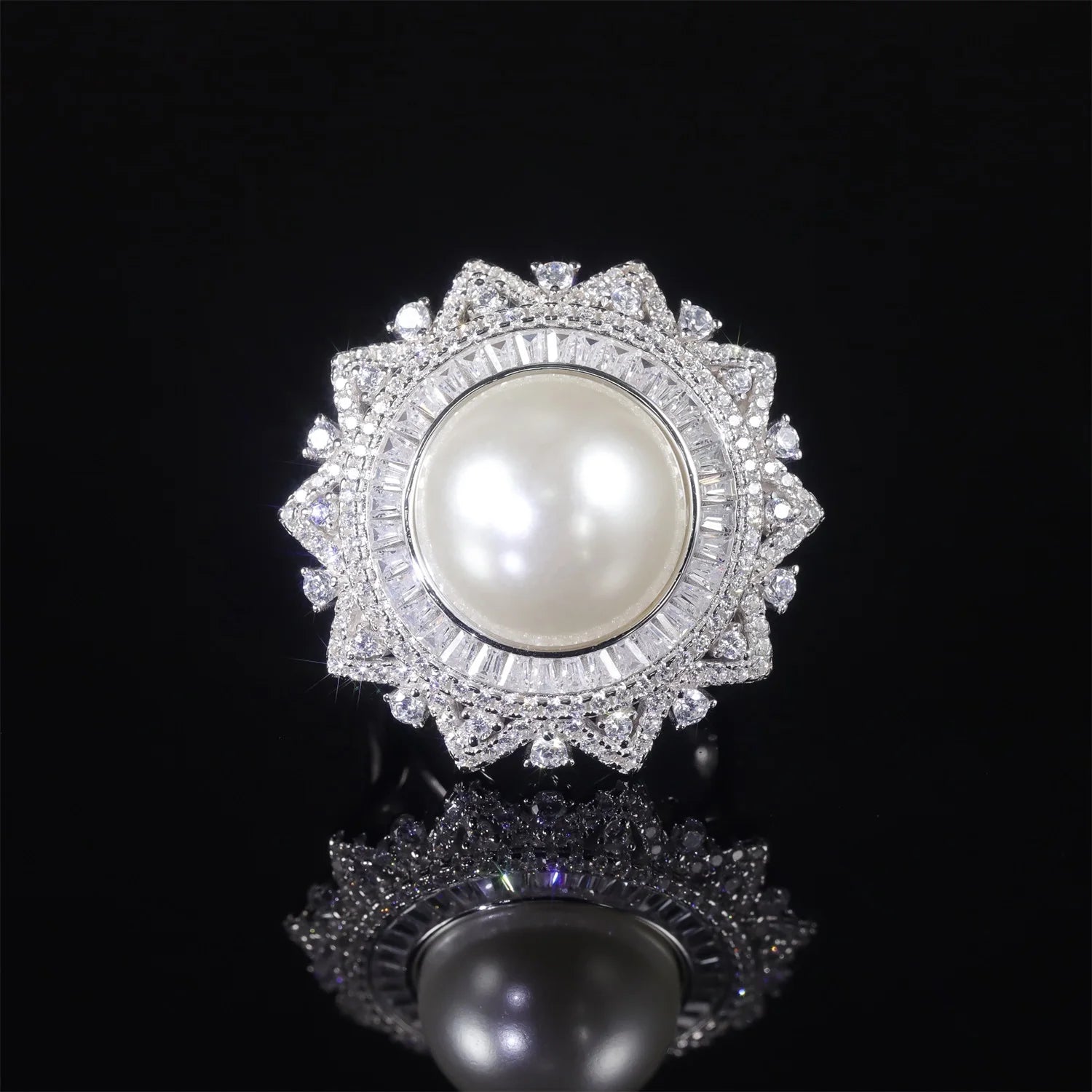 Abiding Antique Deluxe Elegant Big Round 16MM White Shell Pearl Ring Imitation Pearl Jewelry 925 Silver Multi Halo Women Ring
