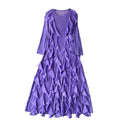 Custom Women's Ruffle Dress Long Sleeve Pleated Chiffon Maxi Dress Casual Loose Fit Layered Flowy Summer Beach Dress