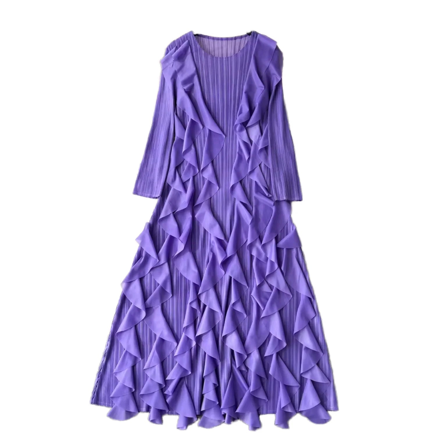 Custom Women's Ruffle Dress Long Sleeve Pleated Chiffon Maxi Dress Casual Loose Fit Layered Flowy Summer Beach Dress