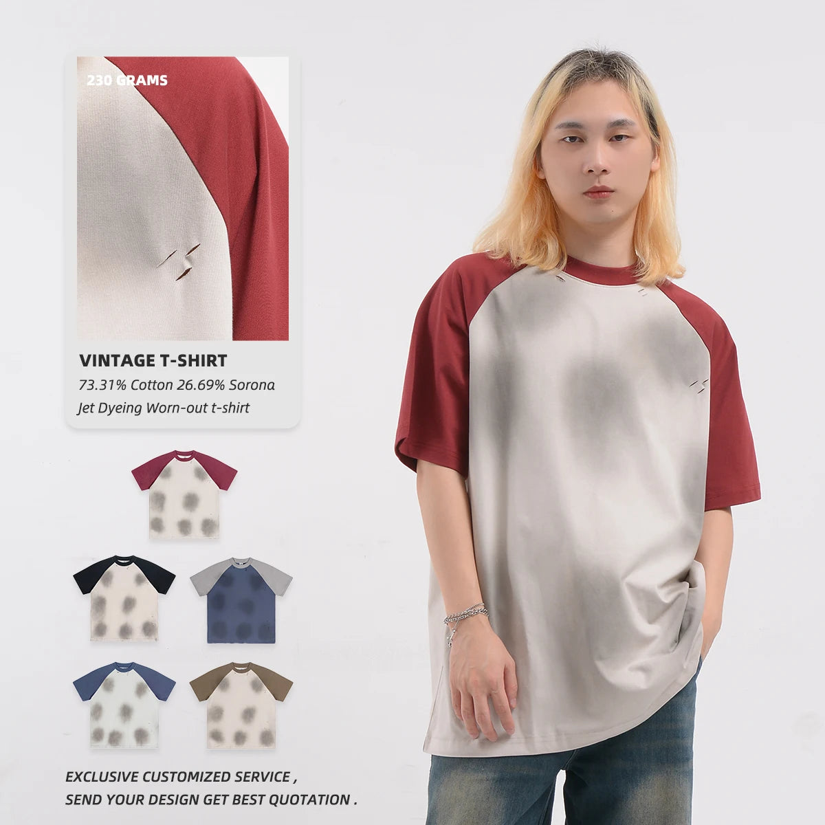 Men's Wholesale Oversized T Shirt Sorona T-shirt Manufacturer Raglan Sleeve Worn Out Streetwear Jet Dyeing Vintage T Shirts