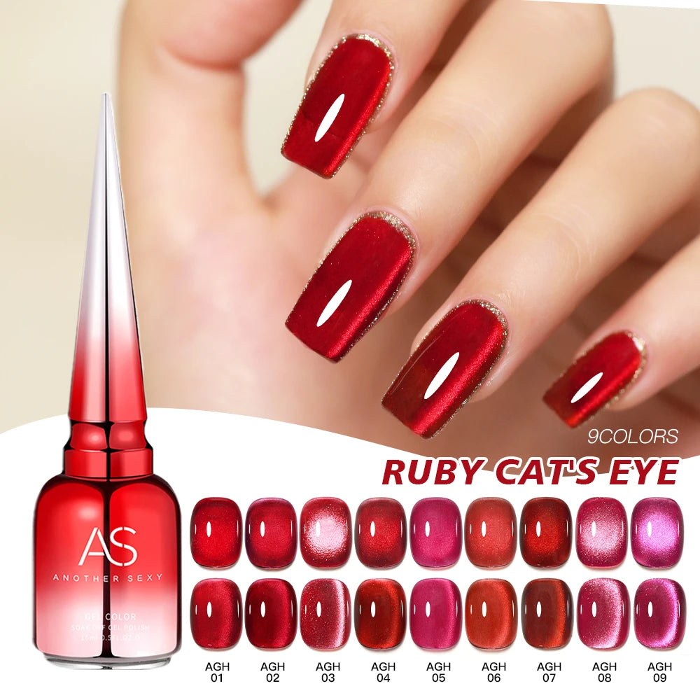 AS Trend 9 Colors Cherry Red Cat Eye Gel Nail Polish 15ml Varnish Private Label Custom Ruby Cat Eye Gel Polish Nail Supplier