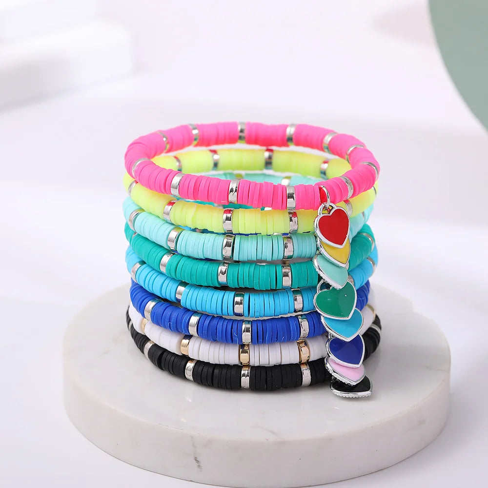Beach Bohemian Soft Polymer Clay Beads Beaded Elastic Heart Charm Pendant Fashion Jewellery Elastic Cord Bracelet Jewelry