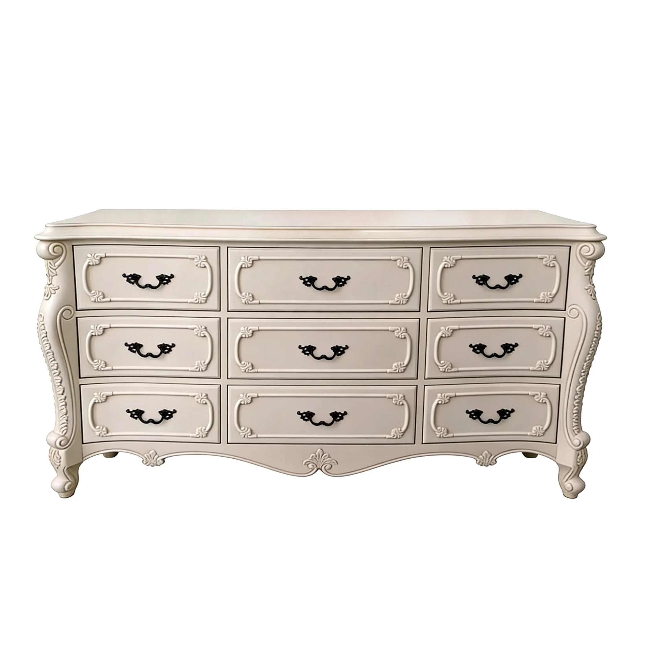European Elegant Carved 9-Drawer Sideboard Ivory White Solid Wood Console Cabinet