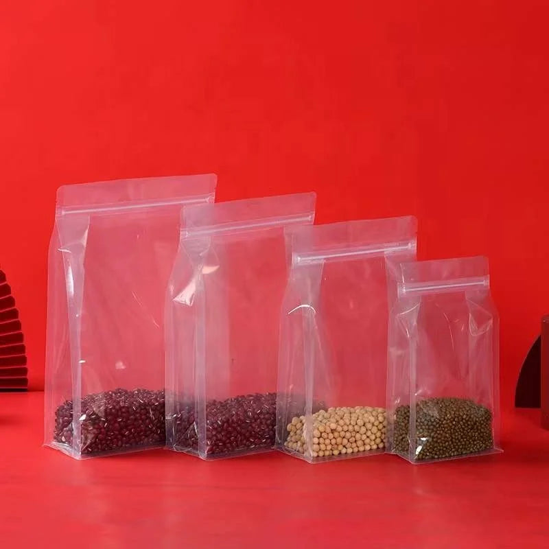 Stocked Clear Transparent Nylon Plastic Stand Flat Bottom Packaging Bag Top Ziplock Heat Seal Design for Food & Pet Food Storage