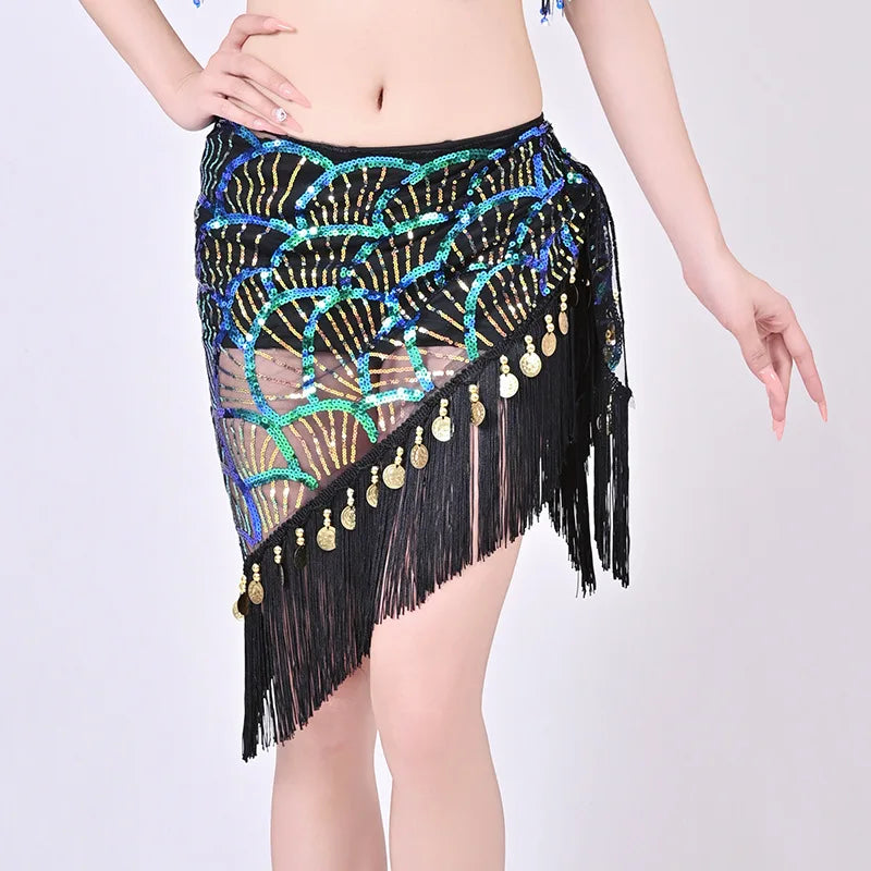 Professional Exactly Sequin Embroidery  Wrap Hip Scarf With Tassel Waist Belt Performance Costumes for Belly Dancing Outfit