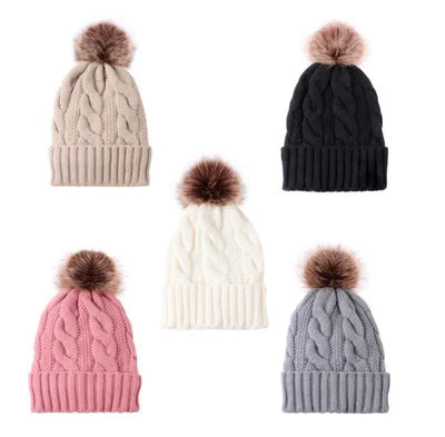 Pure Color Fashion Logo Knit Winter Hats for Women Windproof Warm Soft Headwear Beanie Knitted Pom Hat