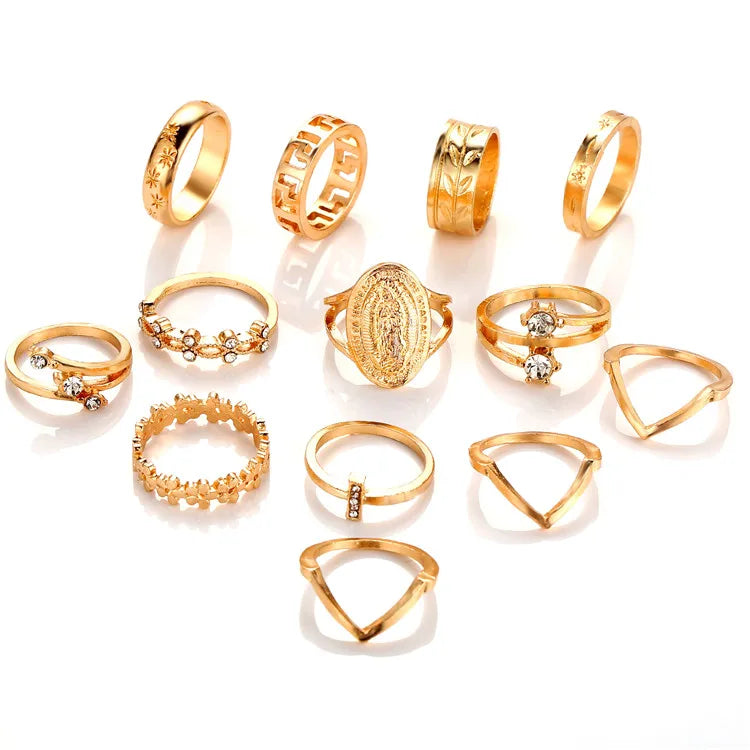 HOVANCI 13Pieces Gold Tone Cross Star Flower Leaves Pattern Gem Ring Set Fashion Boho Finger Ring Set