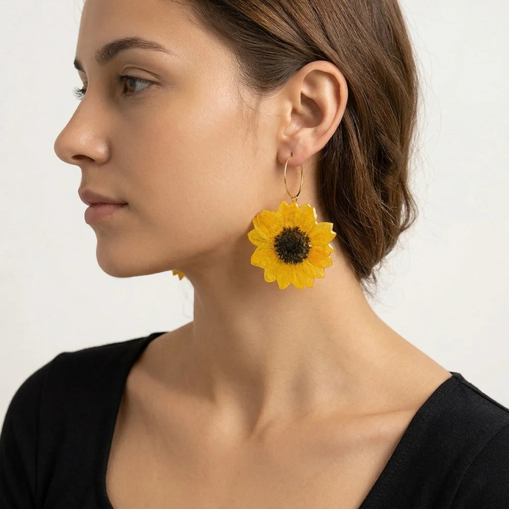 18k Gold Plated Epoxy Real Sunflower in Resin Sunflower Earrings Gold