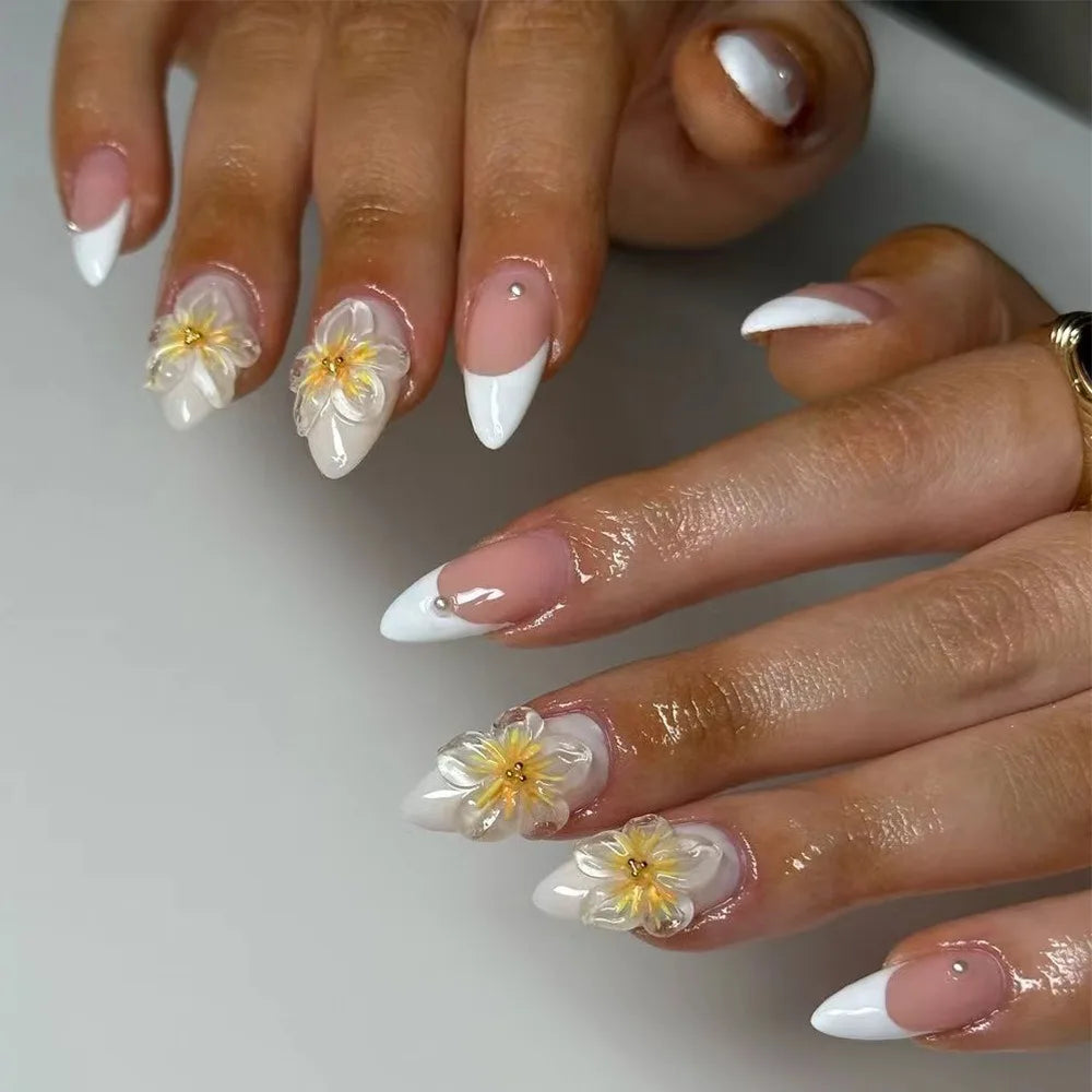 24 Pcs/set French White 3D Sunflower Manicure Nail Tips Press on Nails Wholesale 3315