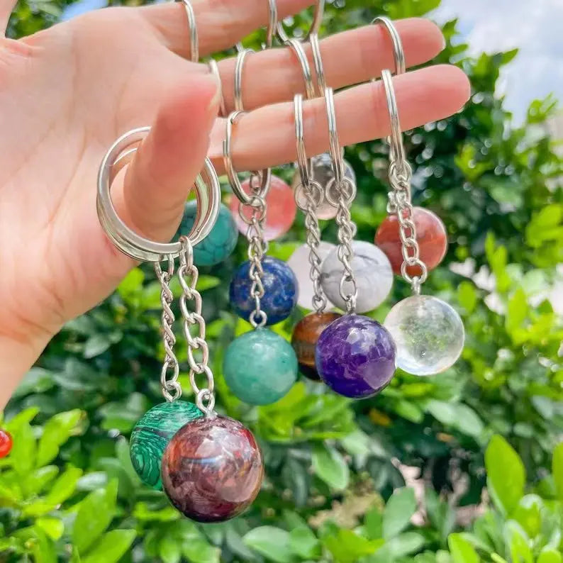 20mm Round Ball Gemstone Keychain Small Ball Natural Stone Crystal Sphere Keyring