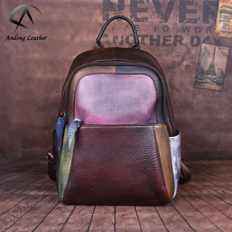 Andong Genuine Cow Leather Vintage Women Backpack Random Color Large Capacity Travel Shoulder Bags Ladies Backpacks