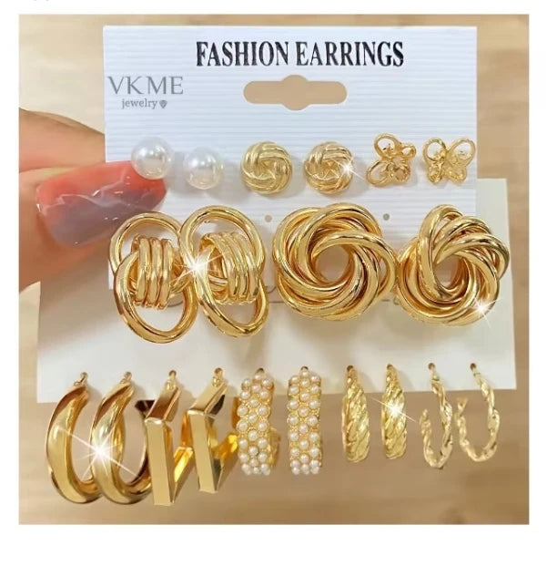 VKME New Trendy Exquisite Geometric Gold Pearl Hoop Earrings Set for Women
