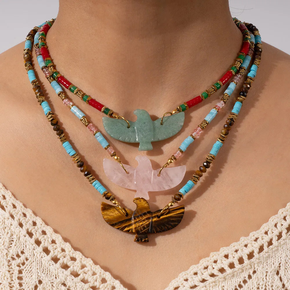 Fine Jewelry Natural Stone Amazonite Red Agate Beads Necklace Rose Quartz Tiger Eyes Eagle Bird Pendant Gemstone Necklace