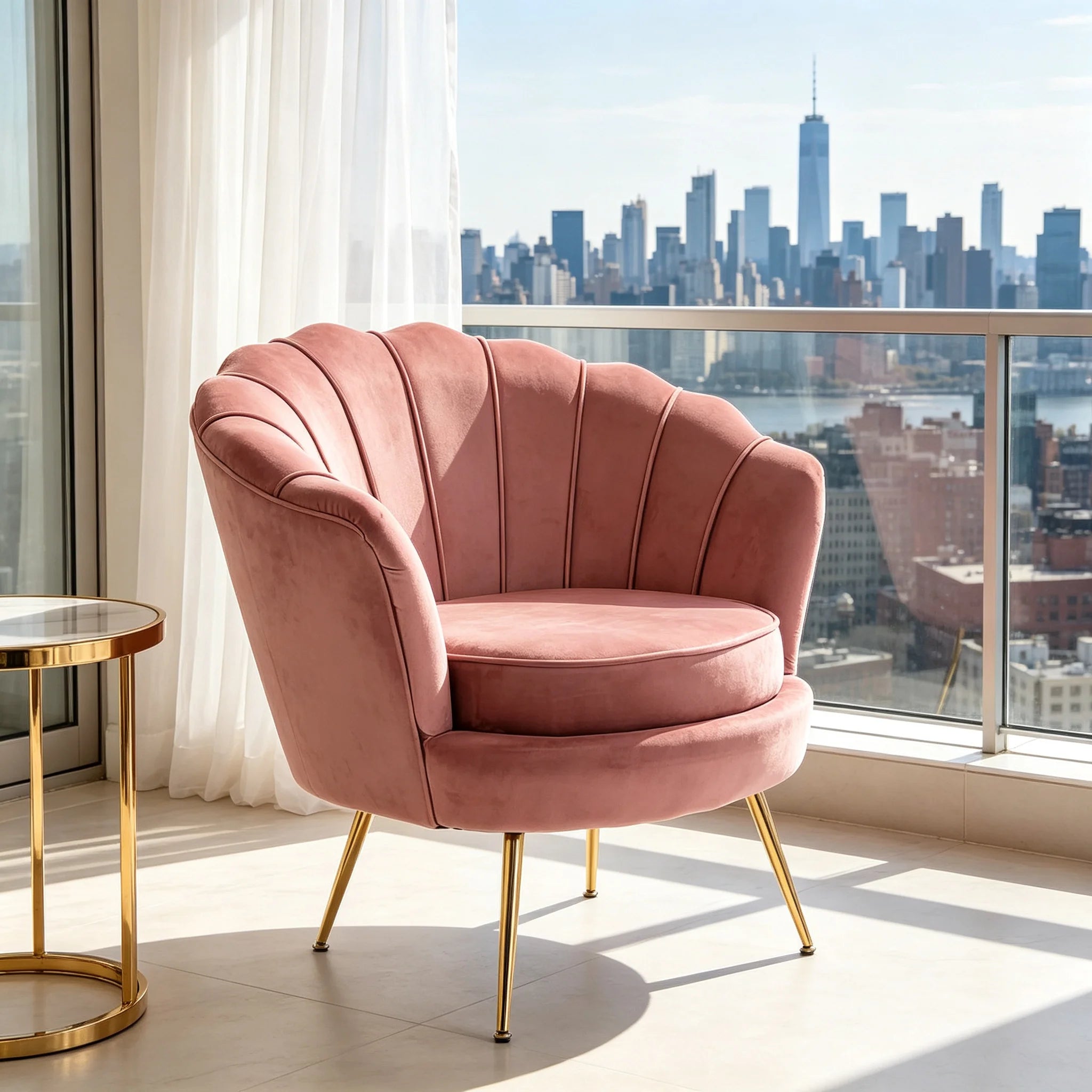 Dusty Pink Velvet Modern Reclining Accent Chair Scalloped Shell Backrest Plush Cushion Gold Metal Tapered Legs Living Room