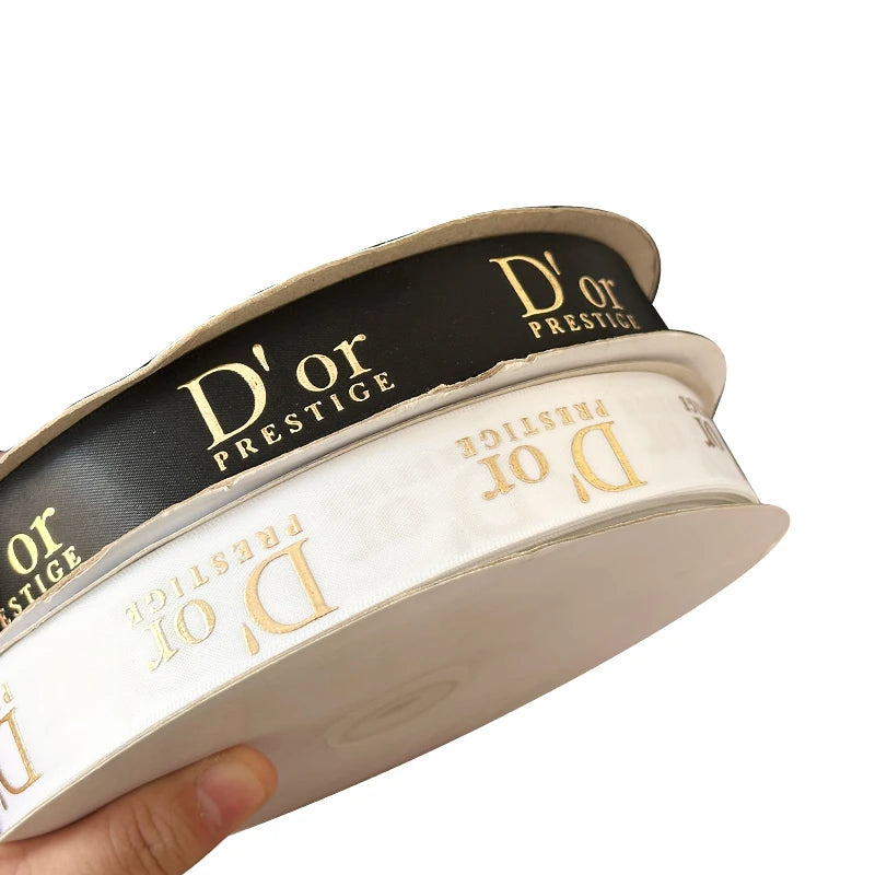 Factory Sale Luxury Black Satin Ribbon with Gold Foil Stamping Logo-Eco-Friendly Christmas Fashion Gift Wrapping